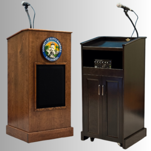 Collegiate Evolution All-In-One Sound Lectern in handcrafted cherry wood with built-in amplifier, speakers, and microphone