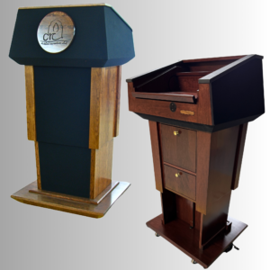 Height-adjustable Presidential Evolution Lift™ podium with microphone, amplifier, leather handrails, and LED light - handcrafted in the USA