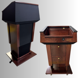 Height-adjustable Presidential Evolution Lift™ podium with microphone, amplifier, leather handrails, and LED light - handcrafted in the USA