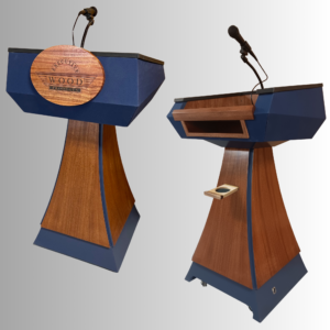 statesman vp curved wood lectern with book storage and pop out cup holder