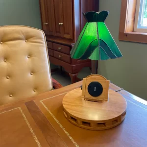 Solid cherry wood phone amplifier with 360-degree stereo sound and wireless charging dock