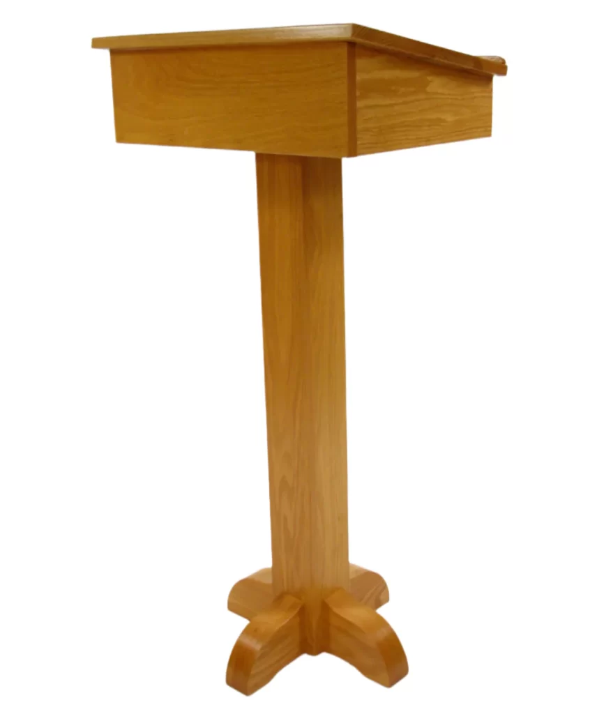 Pedestal Speaker’s Stand PSS243 – Solid oak lectern with book storage, Ideal for classrooms, churches, presentations.