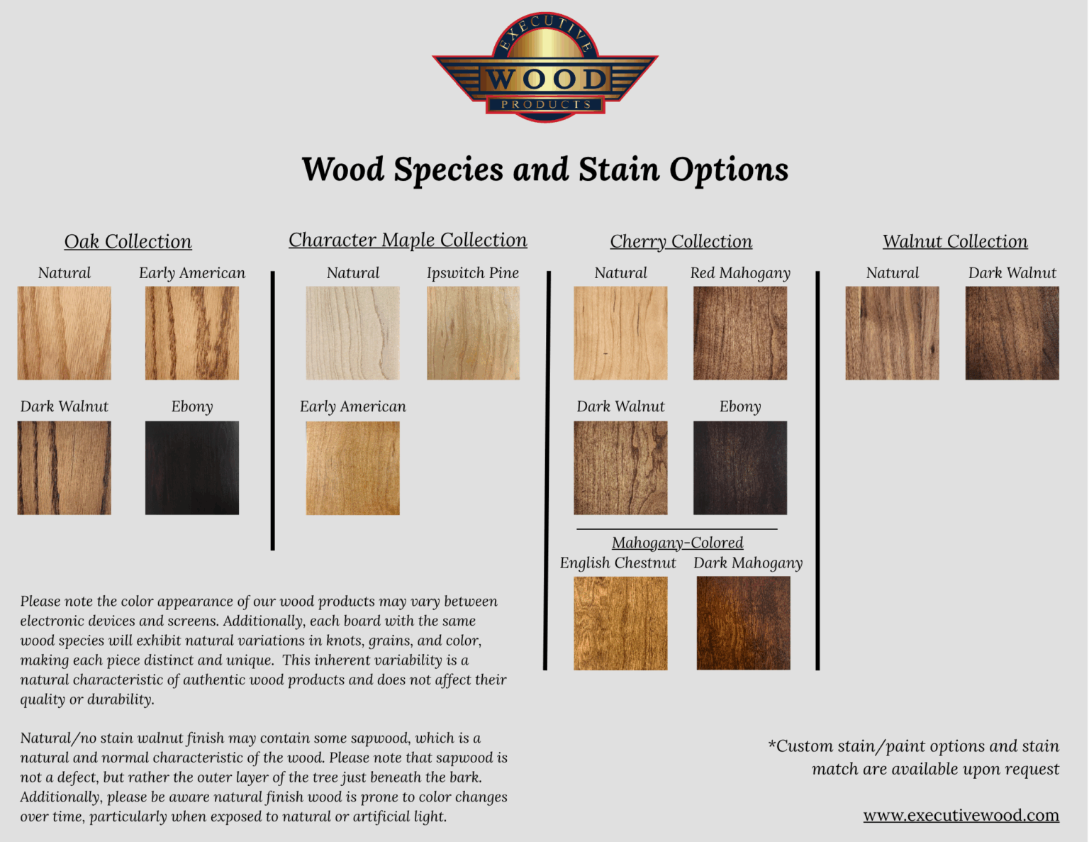 Oak, Maple, Cherry, and Walnut Stain Key